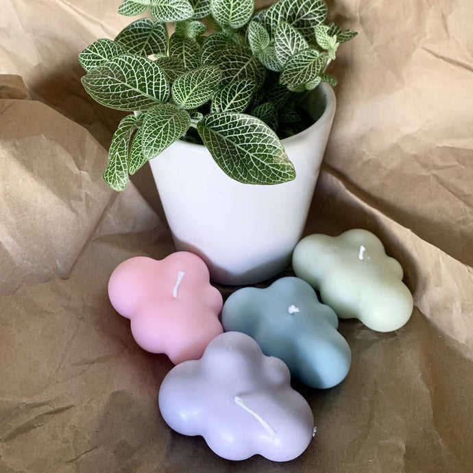 four cloud candles in pink, blue, mint green, lilac in front of a plant