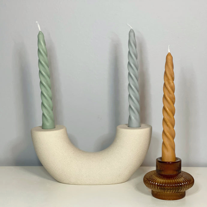 spiral candles in sage, grey, chai in candle holders