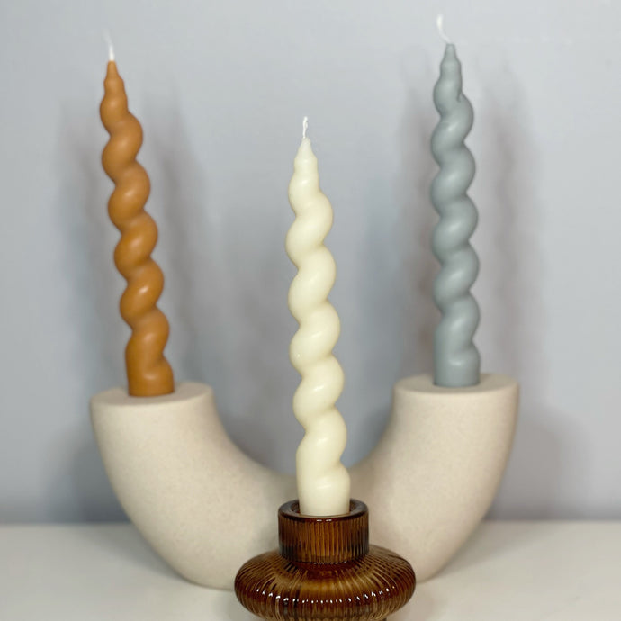 twist spiral candles in chai, ivory and grey
